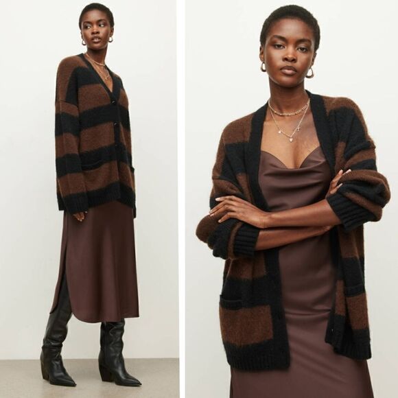New! AllSaints Lou Stripe Wool Italian Brushed Knit Cardigan Oversized Sweater - Picture 1 of 14